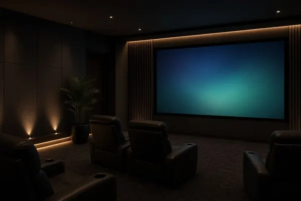 Dark home theater with recliners, wood acoustic wall panels and soft step lighting, the large screen glowing blue-green.