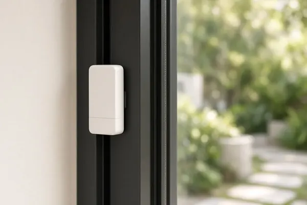 Close-up of a small white alarm contact sensor on a dark window frame, with a sunlit garden blurred outside.