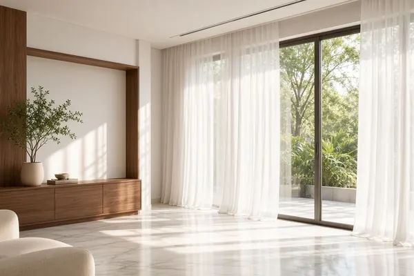 Floor-to-ceiling sheer curtains partly drawn across tall glass doors, filling a marble-floored living room with soft daylight.