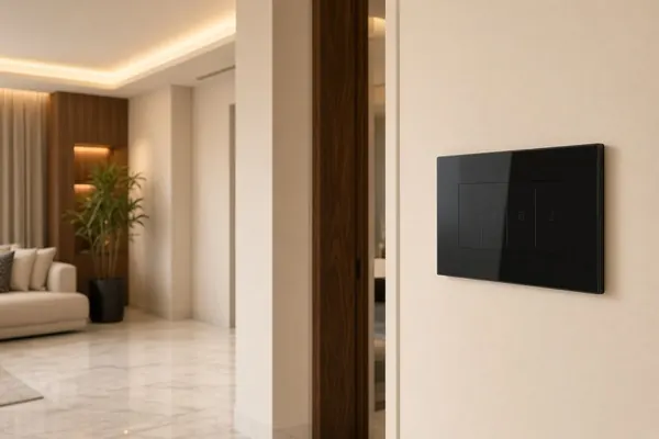 Warm-lit living room with cove lighting and a cream sofa, with a sleek black glass touch panel on the wall in the foreground.