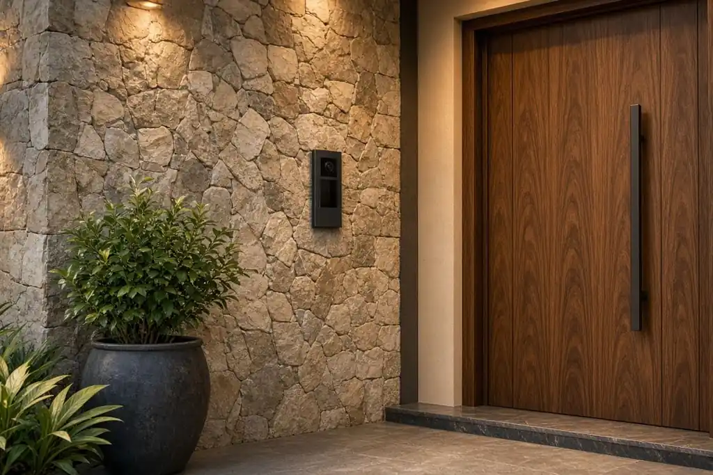 Illustrative render of a stone-clad entrance with a wooden door and a wall-mounted video door phone