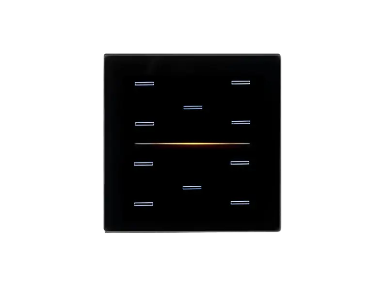 Eelectron 9025 capacitive keypad: square black glass panel with backlit touch marks and a thin coloured light bar across the middle