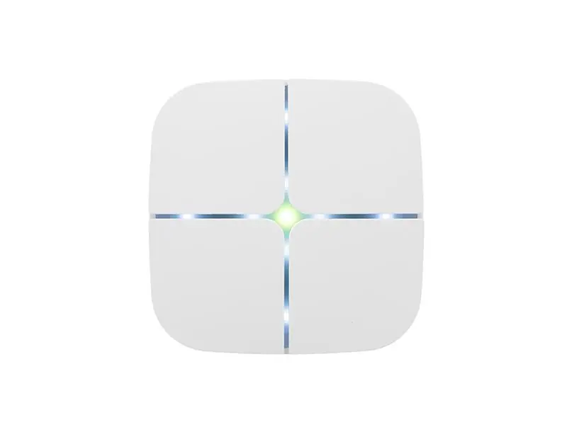 Eelectron Eelecta MiniPad: soft-cornered white pad split into four quadrants by blue-lit seams with a green light at the centre