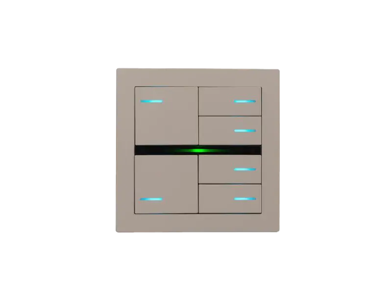 Eelectron OL-U FENIX Edition switch: matte warm-grey keys with small blue indicator lights and a green-lit central bar