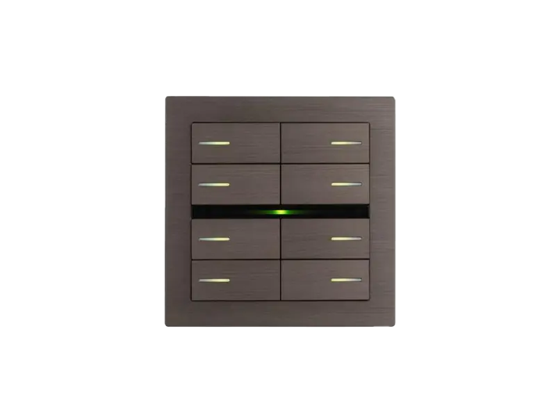 Eelectron OL-U Metal Edition switch: eight bronze-tone brushed-metal keys around a thin central bar with a green status light
