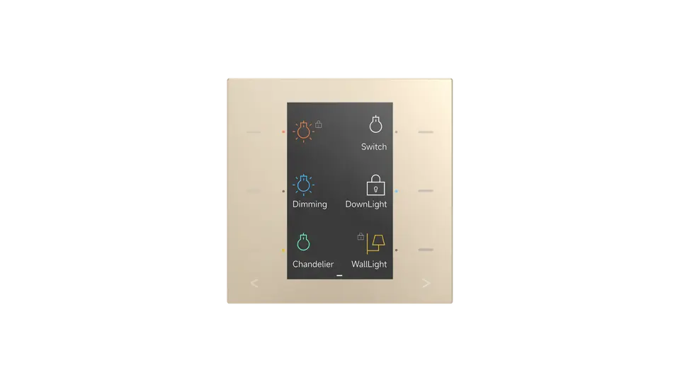 GVS GS3 KNX glass sensor in a gold-tone finish: a centre screen with light icons and labels, with keys on both sides