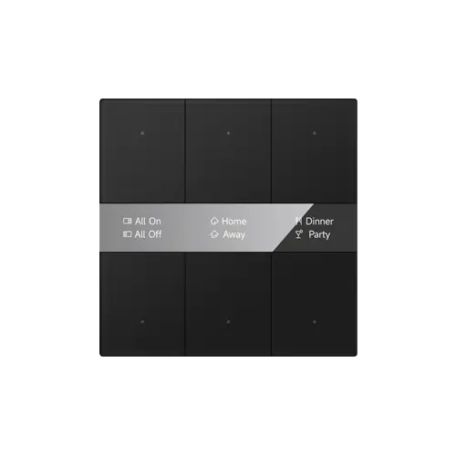 GVS S series KNX push-button in black glass: six touch keys around a mirrored display strip showing the time and scene names