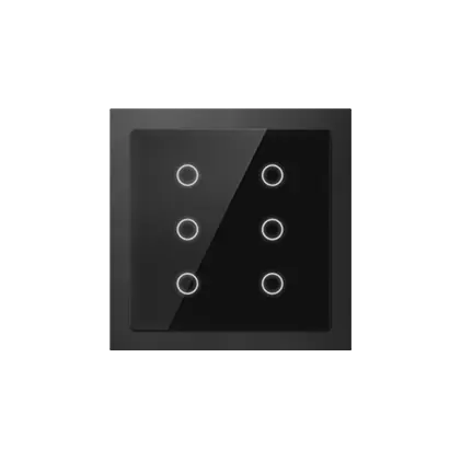 GVS KNX Touch Panel Slim: square black glass panel with six round touch points in a thin dark metal frame