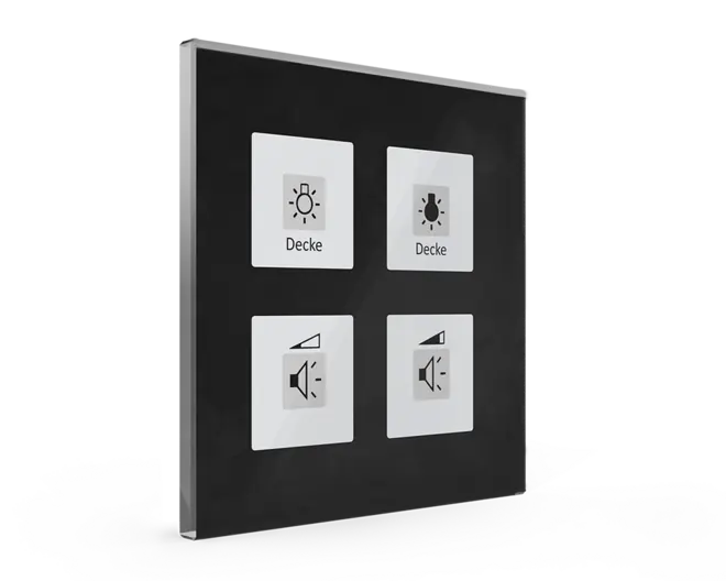 MDT glass push-button: black glass plate with four white touch fields, each with a light or blind icon