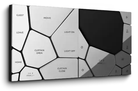 Moorgen Landmark smart panel by Zaha Hadid Design: angular silver and black button segments with engraved scene labels